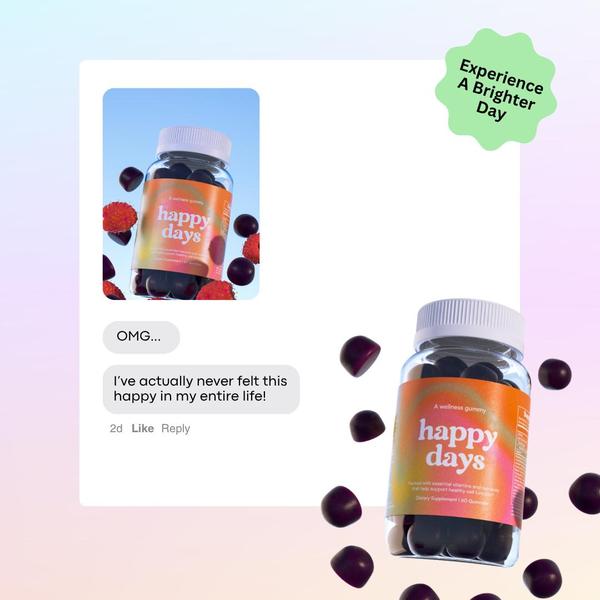 A square ad creative featuring a wellness gummy bottle combined with a direct customer testimonial in a simulated chat interface.